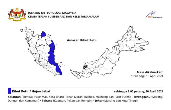 Ribut Petir Hujan Lebat Dijangka Landa Empat Negeri Sehingga Petang