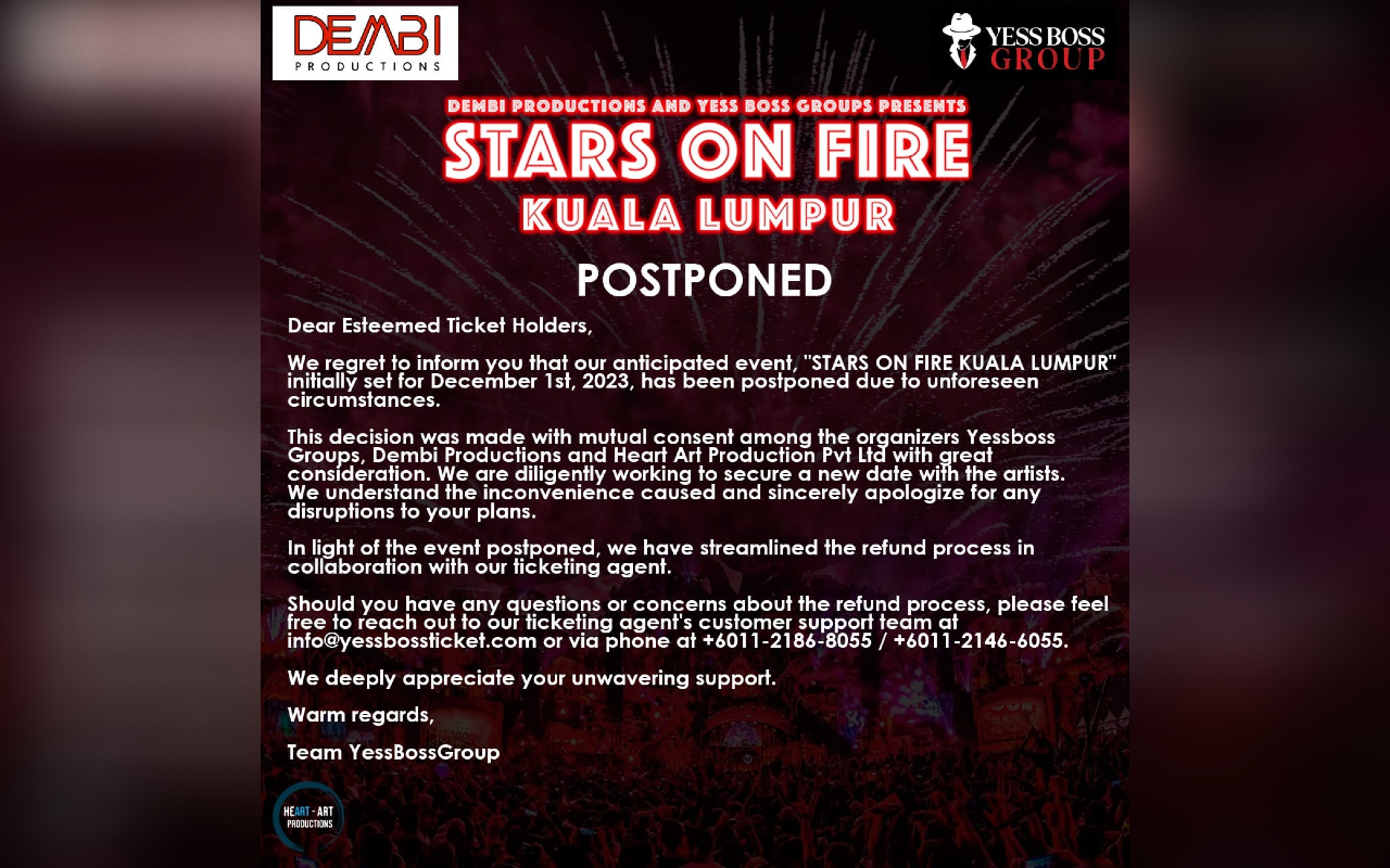 Konsert Bollywood ‘Stars On Fire’ ditangguhkan, pihak penaja berusaha dapatkan tarikh baharu