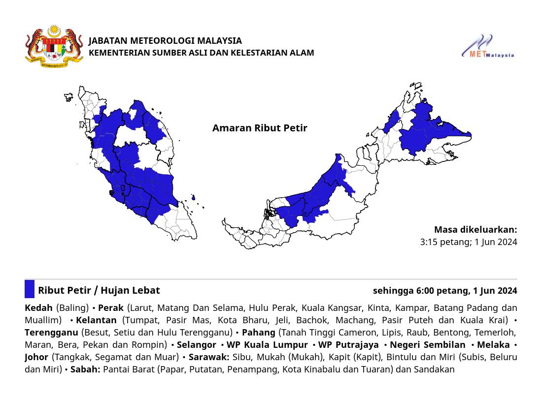 MetMalaysia alert: thunderstorms to lash multiple states