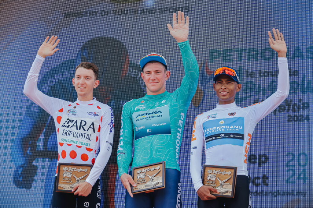 Left to right - Stage 1 polka dot jersey Tyler Tomkinson from Ara Skip Capital, orange and green jersey Gleb Syritsa from Astana Qazaqstan, white jersey Aiman Rosli from TSG - 2024 LTdL pic - 29092024